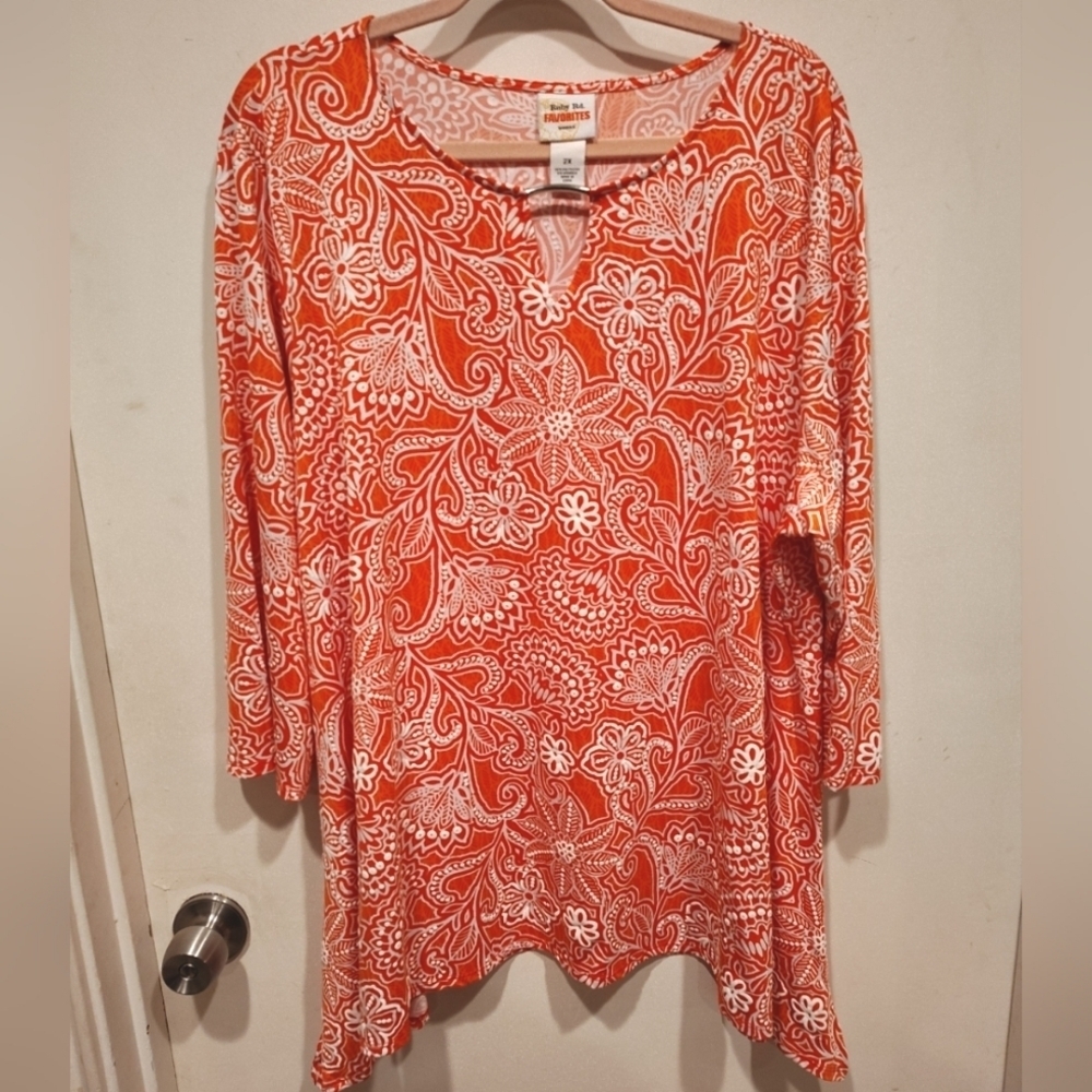 Ruby Rd. Women's Stretchy Multicolor Floral Print Asymmetric Top Sz 2X Casual